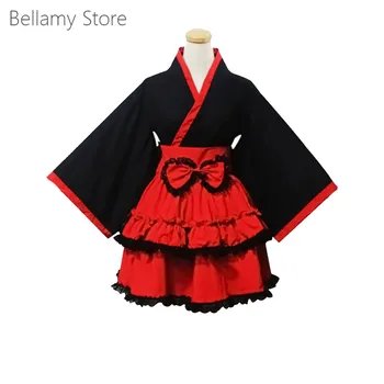 Jums Rankų darbo Gothic Lolita Juoda ir Raudona ilgomis Rankovėmis Suknelė Kimono