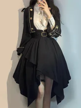 Kolegijos Stiliaus Naujųjų Metų Skraiste Lolita Dark Gothic Punk Moterys Vidurio Ilgio Suknelė Kailis Suknelė Cosplay Kostiumai, Nustatyti Rudenį